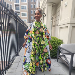 Harusi Kimono, Floor Length Royal, White and Green Mixed Print Kimono, African Outfits for Women, African Dresses for Women image 2