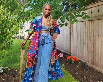 Patchwork Multi Color African Wax Print Kimono Robe: Elegant Color Block Duster