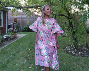 The Nora Kaftan, Sequin Ankara Kaftan Wide Shoulder Plus Size Dress, Pink and Green Kaftan Dress, Sequin Kaftan Dress, Modest Church Dress