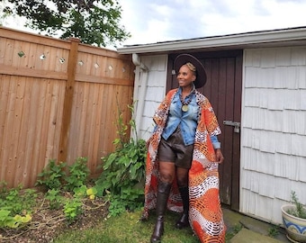Harus Kimono | Orange Brown and Shimmery White African Print Kimono | Plus Size Kimono | African Outfits for Women