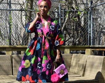 Floral African Wax Print Kimono: Handmade Midi Length Duster