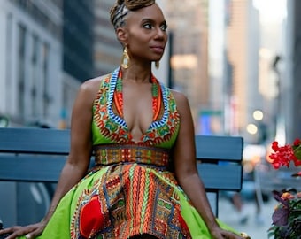 Green & Gold Dashiki Halter Dress: Angelina Dutch Wax, Open Back