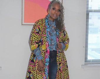 African Print Kimono Duster | Colorful Mix Print Robe, 3/4 Sleeve