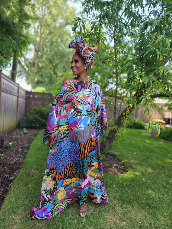 LiiLiiGiirl Kaftan Dress,  Soft blue and purple Kaftan dress with Sequin Afro-girl face
