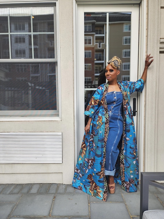 Harusi Kimono, Floral Glitter African Wax Kimono for Women, Maxi Duster Coat, Ankara Robe, Modest Church Dress, Mother of the Bride Dress