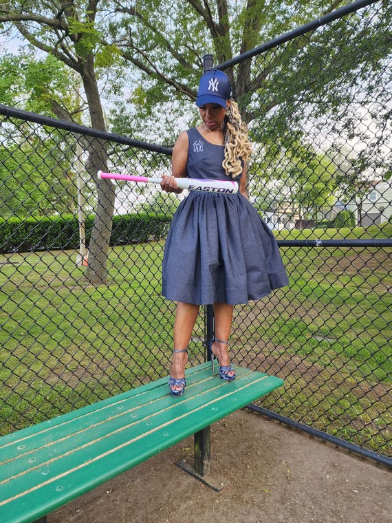 NY Yankee Denim Sleeveless  Skater Dress, Modest Church Dress, Baseball Denim Dress, Denim Skater Dress