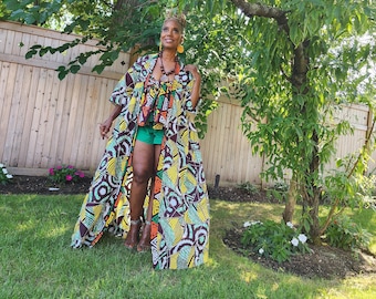 Harusi Kimono, Brown Yellow White Green Abstract Print African Kimono Midi Full-Length
