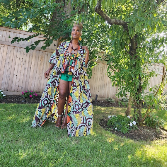 Harusi Kimono, Brown Yellow White Green Abstract Print African Kimono Midi Full-Length