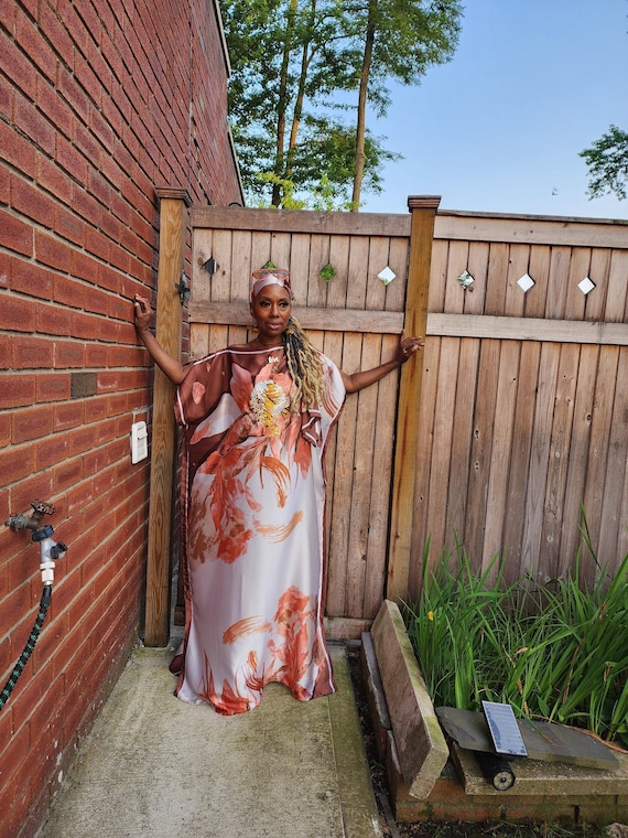 LiiLiiGiirl Kaftan Dress,  Soft Cream, Peach and Brown Kaftan dress with Sequin Afro-girl face and scarf, Silk Kaftan Dress, Modest Dress