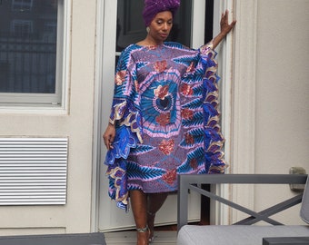 Embroidered Ankara Print Kaftan Dress - Plus Size Sequin Kaftan