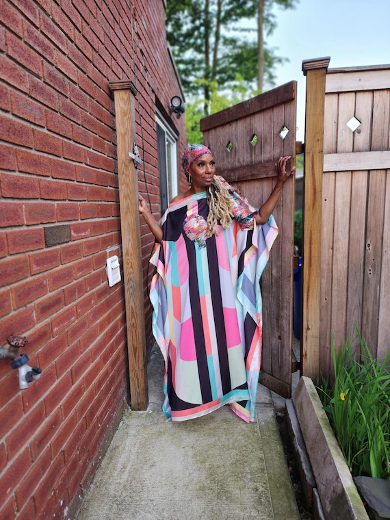 LiiLiiGiirl Kaftan Dress,  Black, Pink and Aqua Kaftan dress with Sequin Afro-girl face