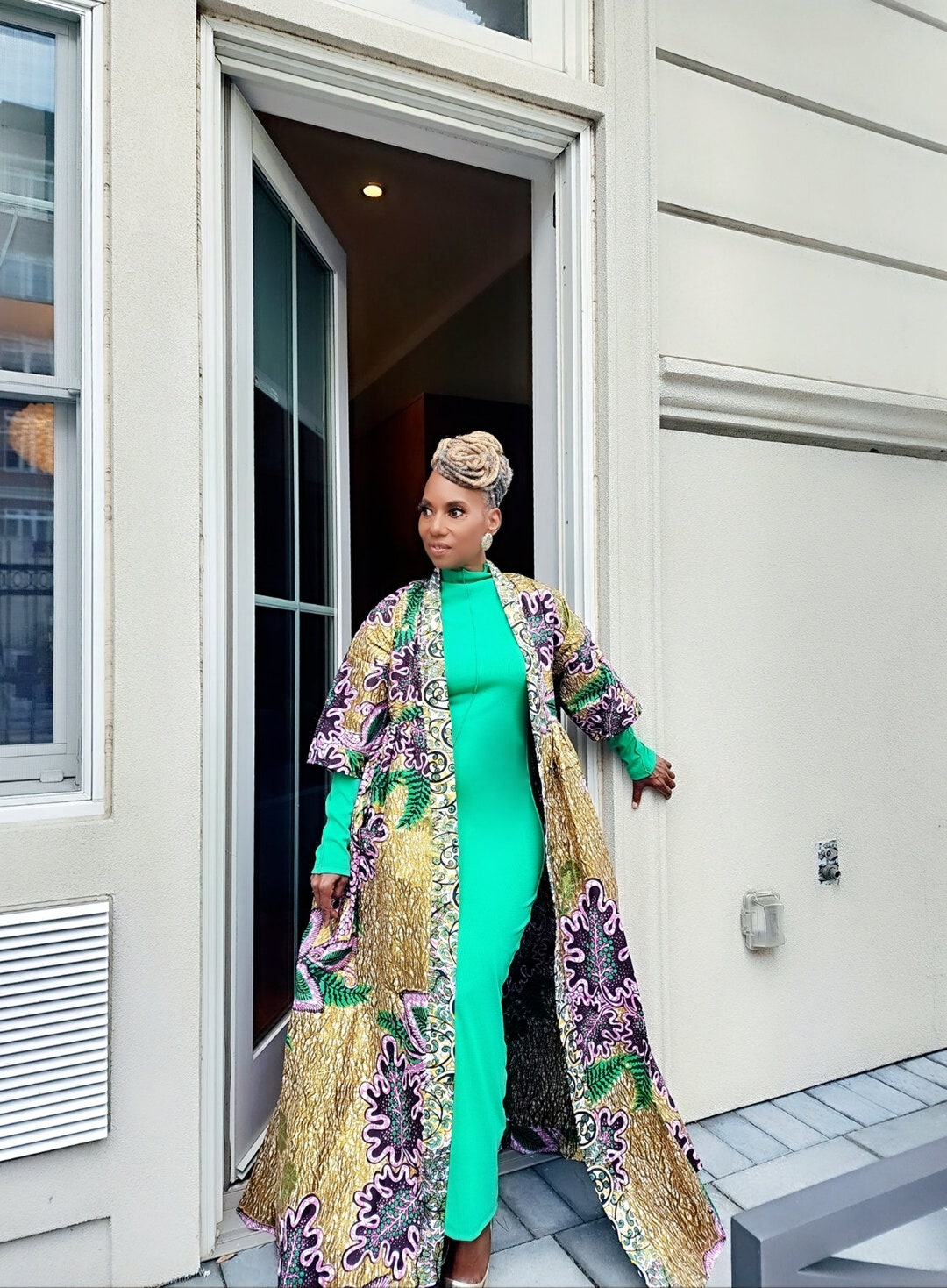 Harusi Kimono Full Length Floral Mixed Print Kimono Pink, Green and