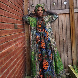 Sequin Embroidered Harusi Kimono: African Wax Print Duster Robe