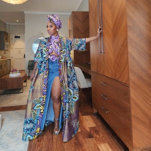 Harusi Kimono Full Length Floral Mixed Print Kimono Purple Glitter African Wax Kimono for Women Maxi Duster Coat Ankara Duster Coat Gold Aqua Purple