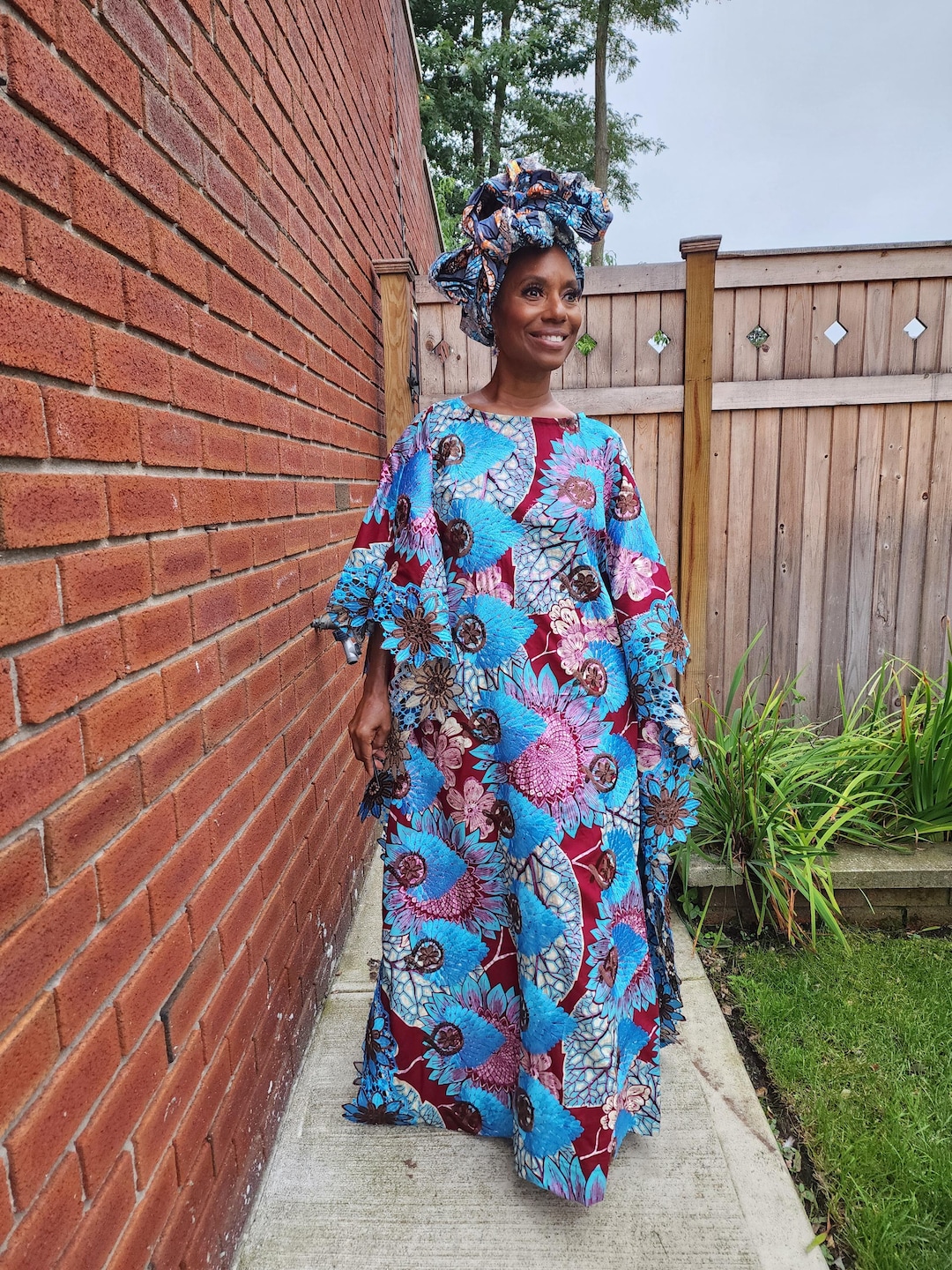 Nora Kaftan Dress, Floral African Print, Embroidered Maxi, Aqua