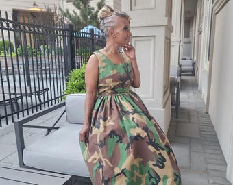 Camouflage Midi Dress: Fitted Sleeveless Cotton Broadcloth
