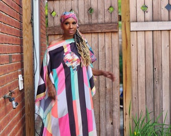 Sequin Afro-Girl Kaftan Dress - Black, Pink & Aqua - One Size