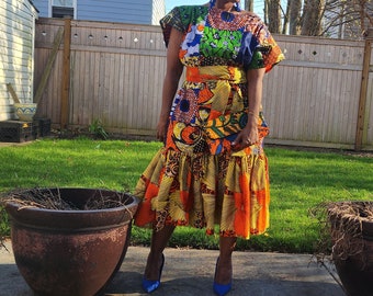 Funika Dress, African Print Dress,  African Dress for Women, Plus Size African Print Dress, Orange, Blue and Yellow Mix African Print Dress