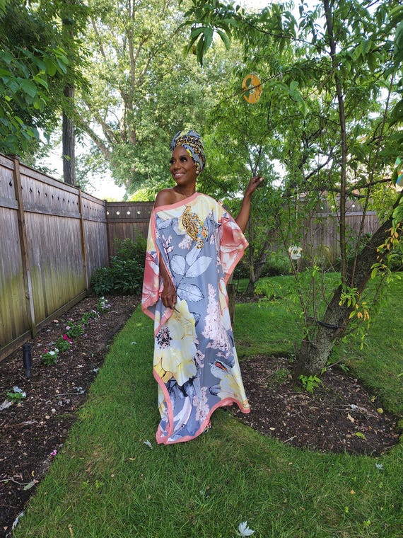 LiiLiiGiirl Kaftan Dress,  Soft grey, yellow and peach Kaftan dress with Sequin Afro-girl face