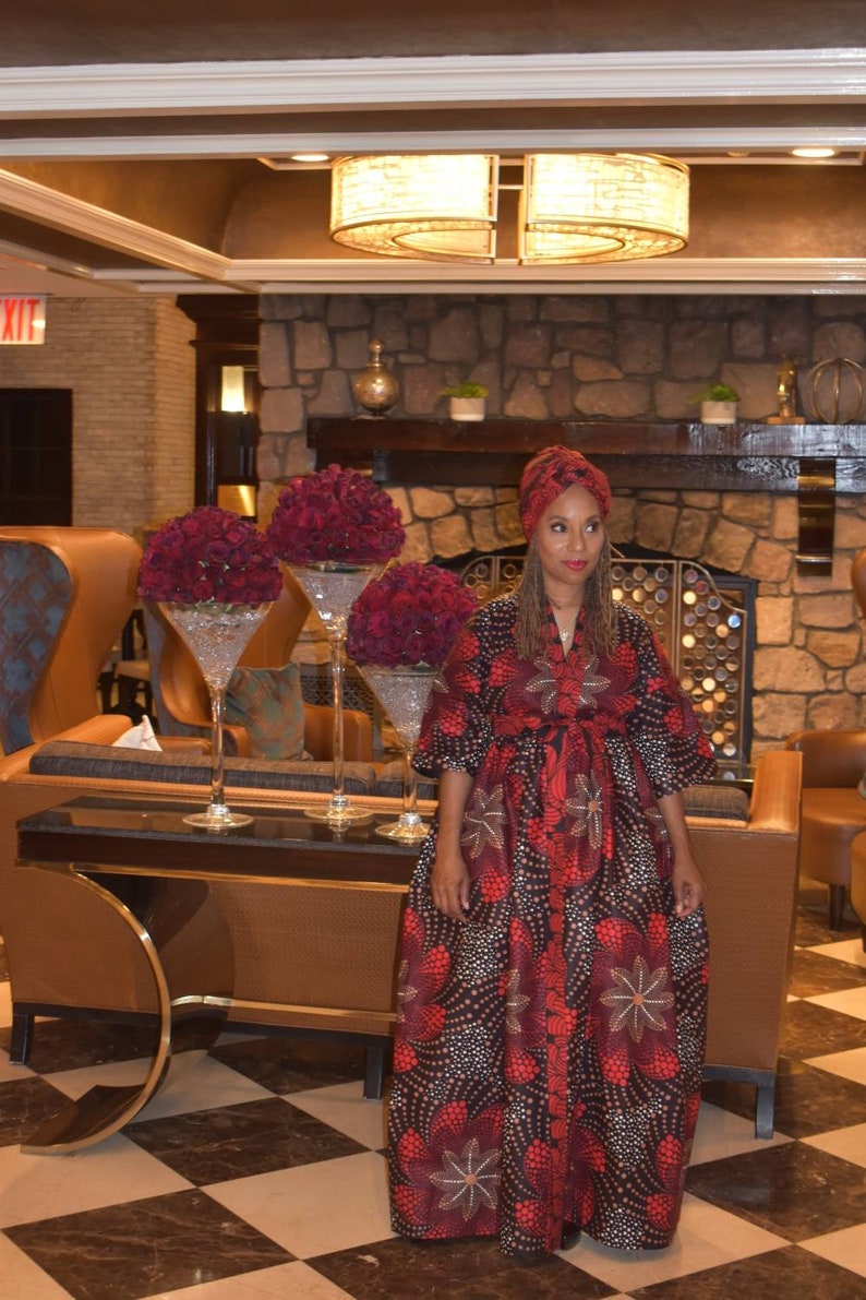 LiLi Head Wrap coordinates with the Brown Red Floral Harusi Kimono