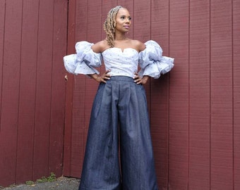 Indigo Vintage Plus Size Denim Trousers with Wide Legs for Women, Ursula Denim Pants