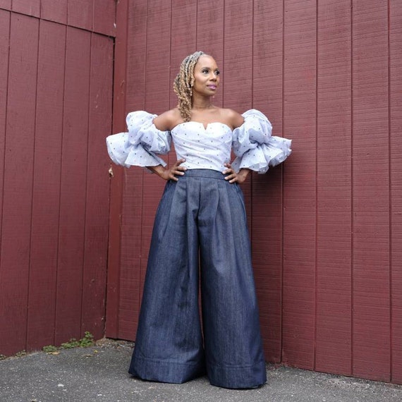 Indigo Vintage Plus Size Denim Trousers with Wide Legs for Women, Ursula Denim Pants