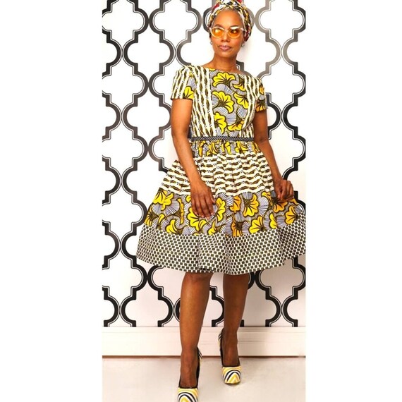 Stella African Print Dress, Yellow Floral Open Back Short Sleeve Dress, Vintage Short sleeve Dress, African Clothing for Women