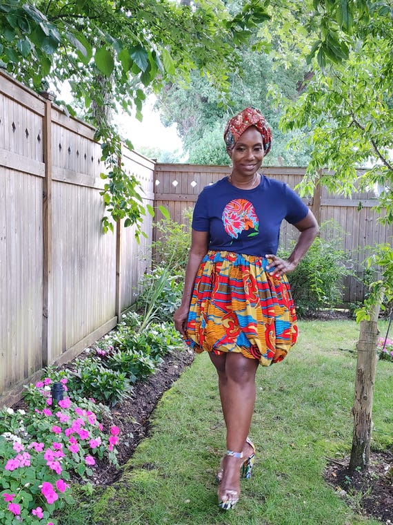LiiLiiGiirl Fitted T-shirt, Graphic T-shirt, Navy blue  T-shirt with embroidered  African Print Afro Girl Face, African Clothing for Women