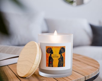 African Silhouette Women Candle Frosted Glass Candle | 11oz Wooden Lid