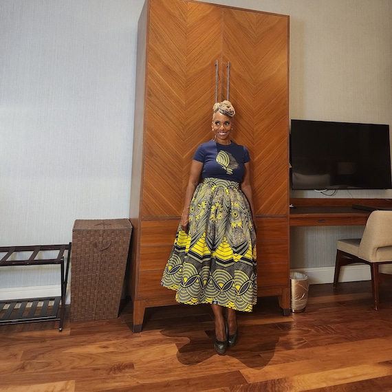 Liiliigiirl Belle Skirt Set | High Waist Yellow Navy Midi Skirt with Matching Afro girl T-Shirt