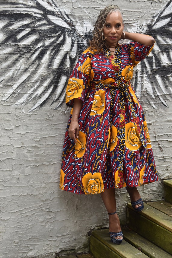 Harusi Kimono Plus Size | Midi Length Red and Gold Floral Print Kimono ONLY | Floral Full-Length Kimono | African Clothing for Women |