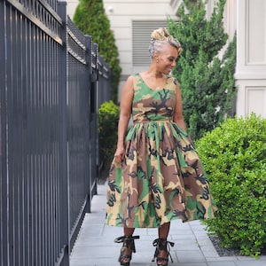 Camouflage Midi Dress: Fitted Sleeveless Cotton Broadcloth