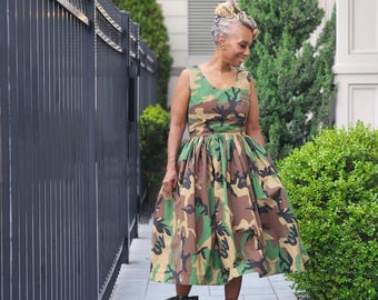 Camouflage Midi Dress: Fitted Sleeveless Cotton Broadcloth