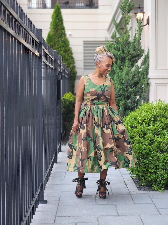 AYA Camouflage Sleeveless Dress, Modest Church Dress, Fitted Flair Hem Camouflage Dress, Camouflage Midi Dress