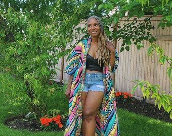 Harusi Kimono, Floor Length Yellow Aqua and Pink Mix Print Kimono, African Outfits for Women, Alpha Kappa Alpha, AKA Duster