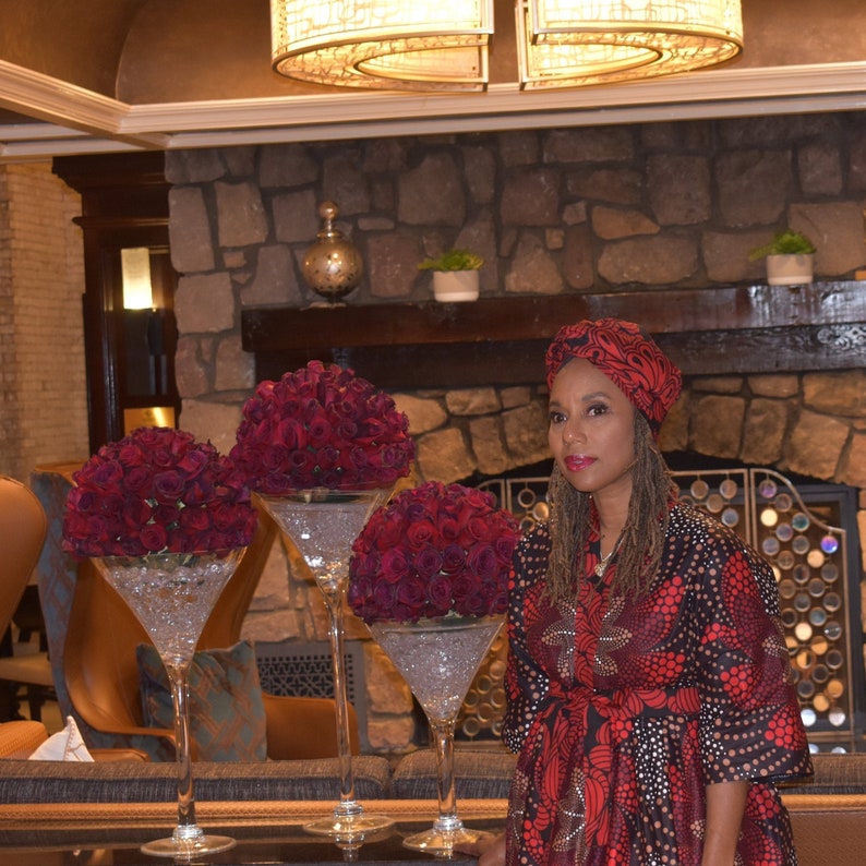 LiLi Head Wrap coordinates with the Brown Red Floral Harusi Kimono