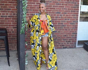 Harusi Kimono | Yellow, Grey, Black and white Floral African Print Kimono | Harusi Kimono | Full-Length Kimono |