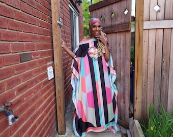 Sequin Afro-Girl Kaftan Dress - Black, Pink & Aqua - One Size