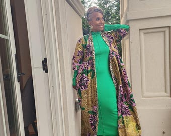 Floral African Wax Kimono: Glitter Ankara Maxi Duster Coat, Harusi Kimono