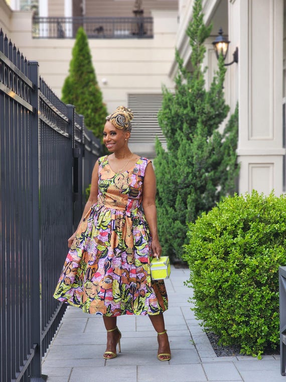 AYA Floral Glitter African Wax  Sleeveless Dress, Modest Church Dress, Pink and Yellow Floral Print Midi Dress, Mother of the Bride Dress