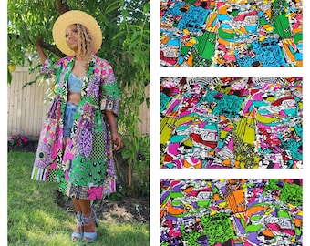Harusi Kimono, Floor Length Pink and Green Multi Color Patchwork  Print Mix Print Kimono, African, Alpha Kappa Alpha