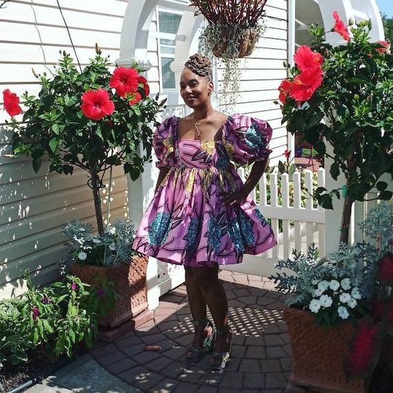 Maua Puff Sleeve African Print Dress, Maua African Print Empire Waist Babydoll Dress with Puff Sleeves