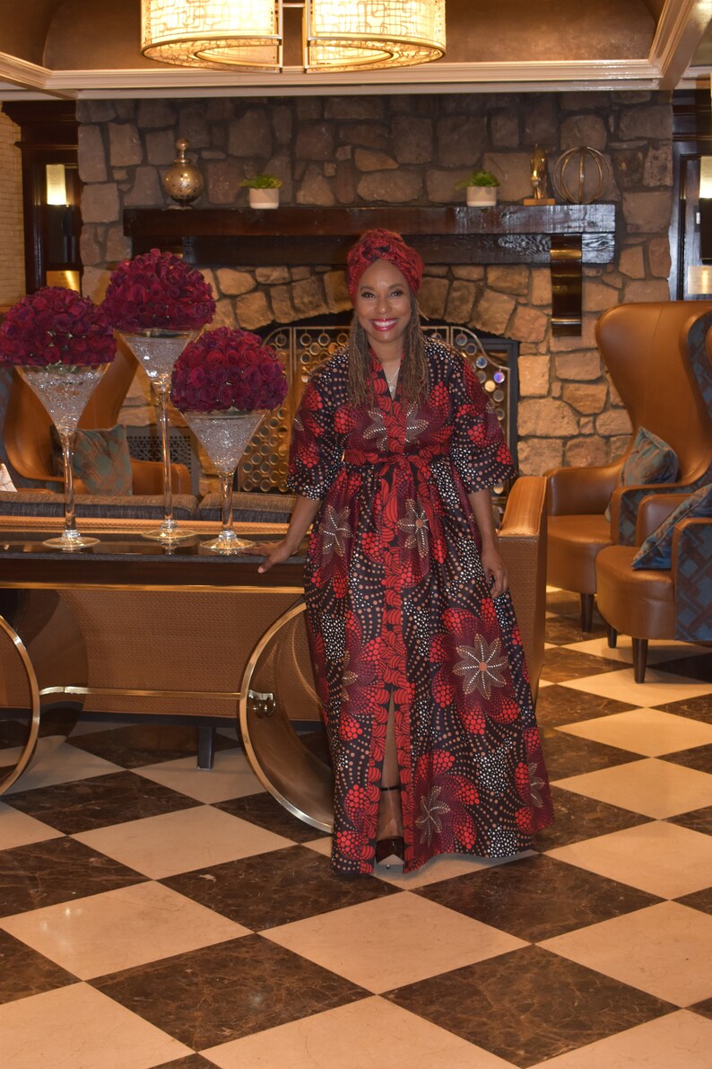 LiLi Head Wrap coordinates with the Brown Red Floral Harusi Kimono
