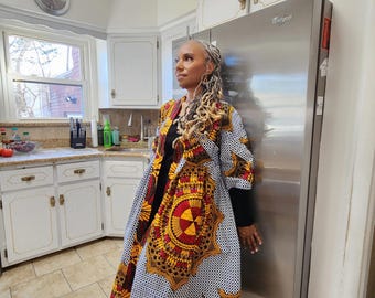 African Print Cotton Kimono: Harusi Midi, Plus Size, White, Marigold and Navy Kimono