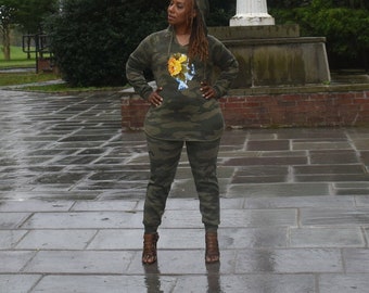 Camouflage Sweatsuit | Floral Afro Girl Hoodie, Fitted Joggers