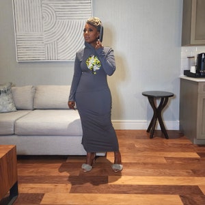 Fitted African Bodycon Hoodie Midi Dress Long Sleeve Knit Grey, LiiLiiGiirl BodyCon Hoodie Dress