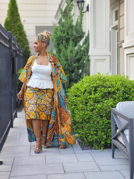 Elegant Multi Color African Duster Robe, Glitter Print African Kimono Jacket, Harusi Kimono Bridal Dress, Modest Church Dress, Harusi Kimono