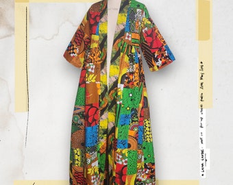 Harusi Kimono, Floor Length Green Orange Multi Color Patchwork  Print Mix Print Kimono, African Outfits for Women