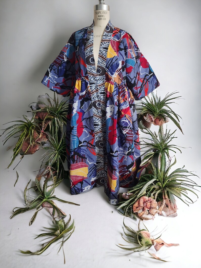 Harusi Midi African Print Kimono, Below Knee Kimono, Plus Size Kimono, Short Cotton Kimono, Grey, Pink and Navy Mix Print Kimono image 1