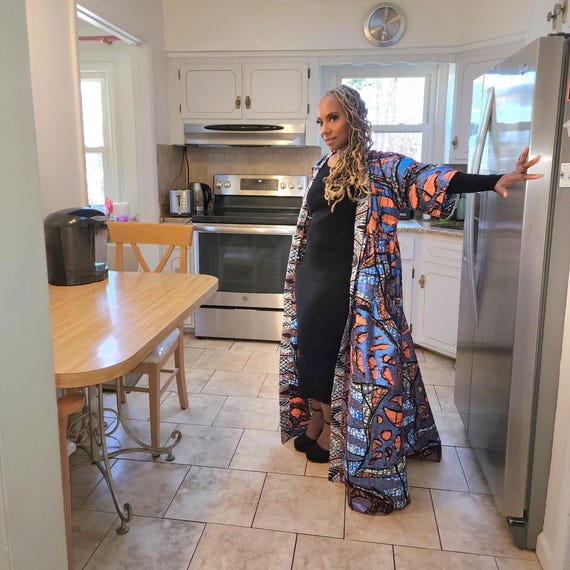 Harusi Kimono, Elegant Glitter Wax African Wax Kimono for Women, Maxi Duster Coat, Ankara Robe, Mother of the Bride Dress, Colorful Dress